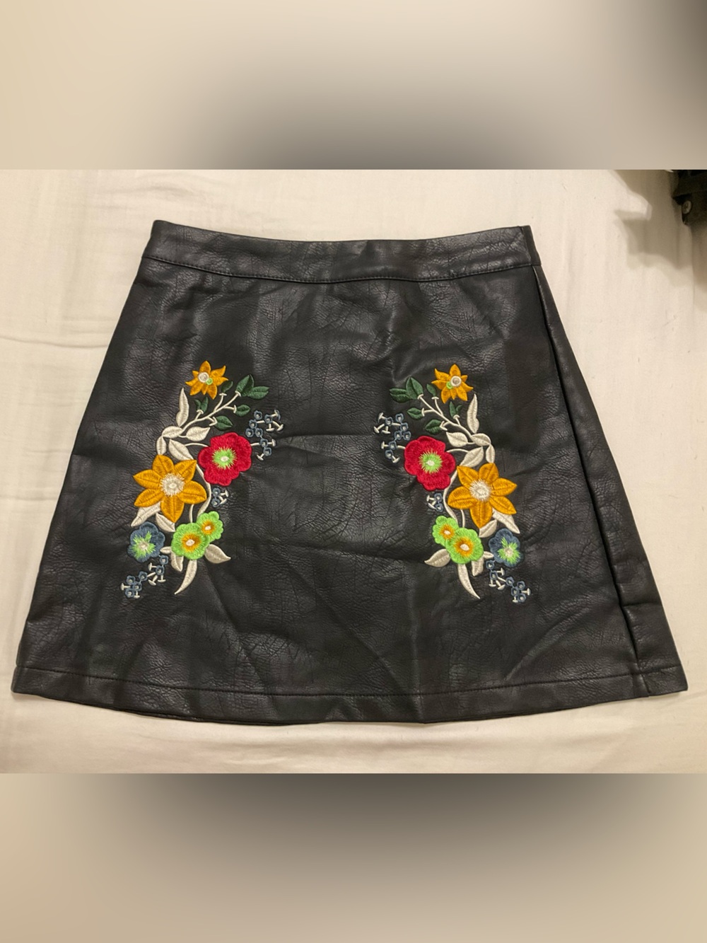 Embroidered Black Faux Leather Mini Skirt